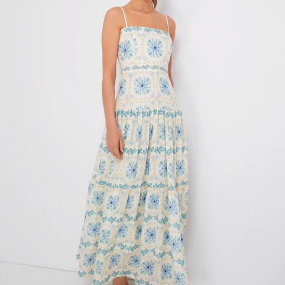 NWT AGUA BY AGUA BENDITA Lima Chivas Tiered Printed Linen Maxi Dress